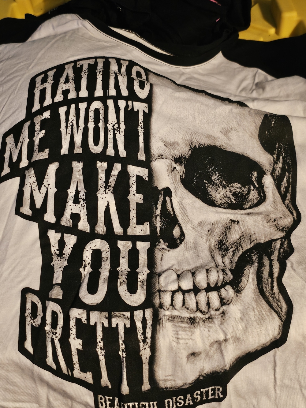Beautiful Disaster Women’s Long Sleeve Tee - White/Black Skull Graphic